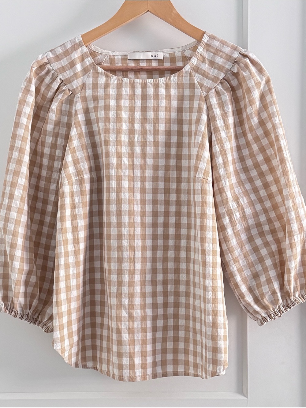 Oui TAN Gingham Puff-Sleeve Top - Picture 4 of 8
